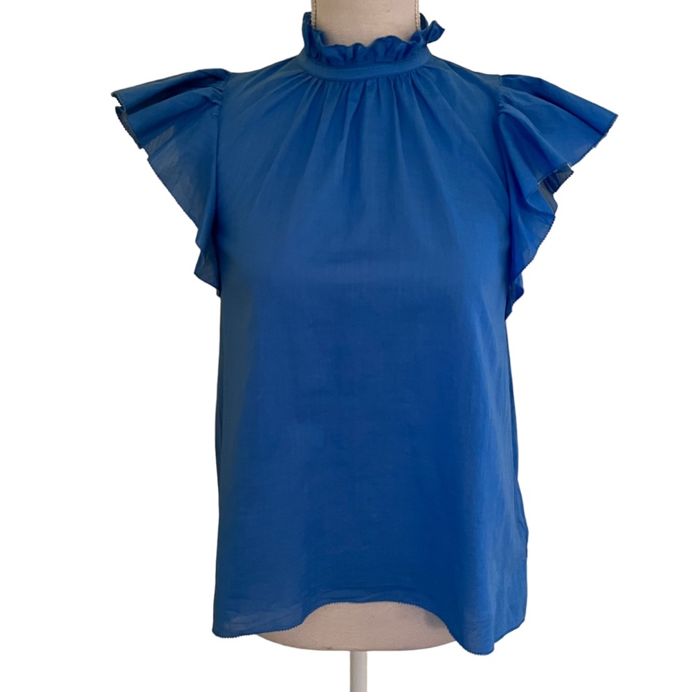 Kate Spade Blue Cotton High Neck Ruffle Sleeve Blouse XXS